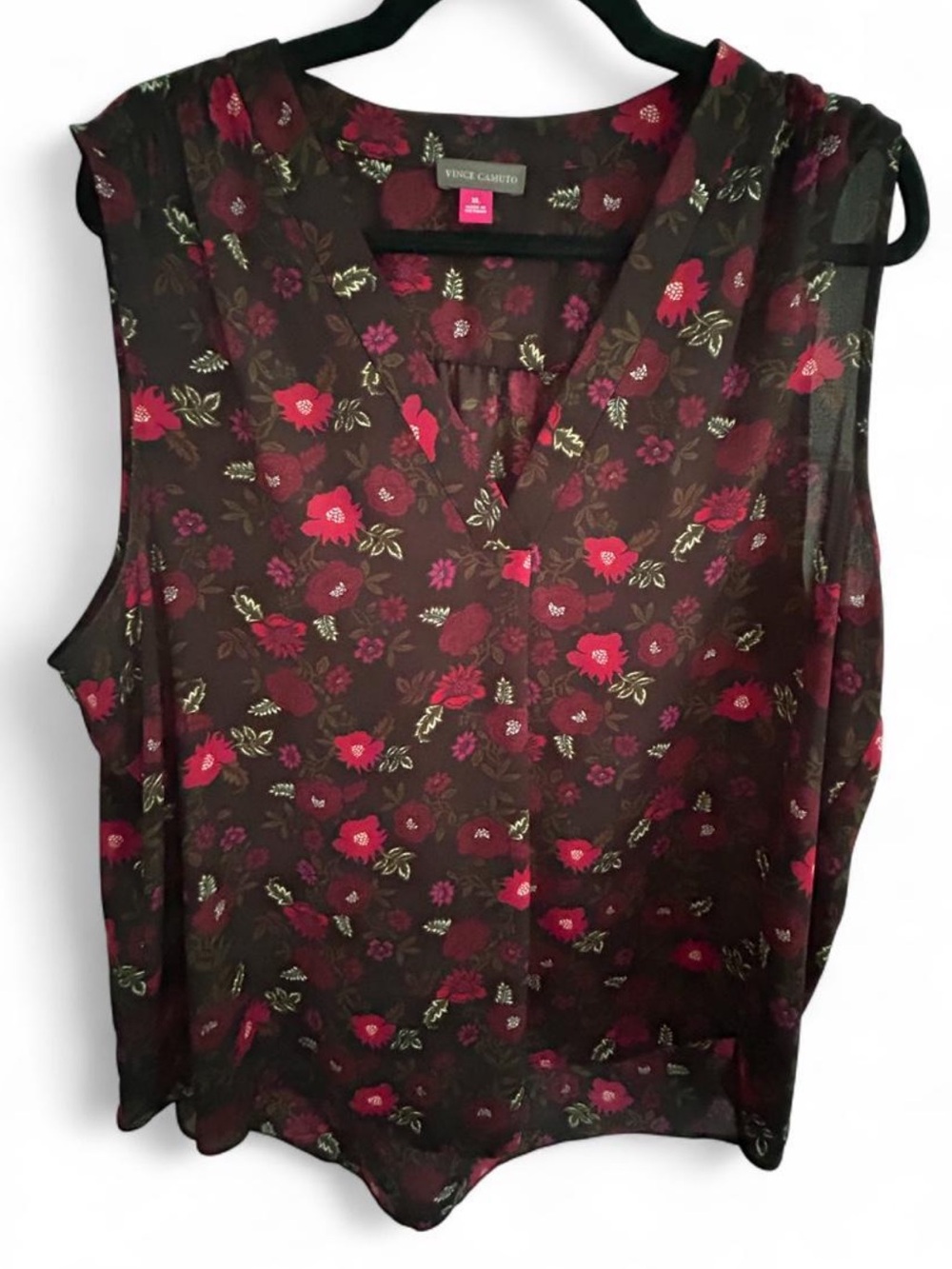 Vince Camuto XL Floral Sleeveless Blouse Black Burgundy Chiffon Top